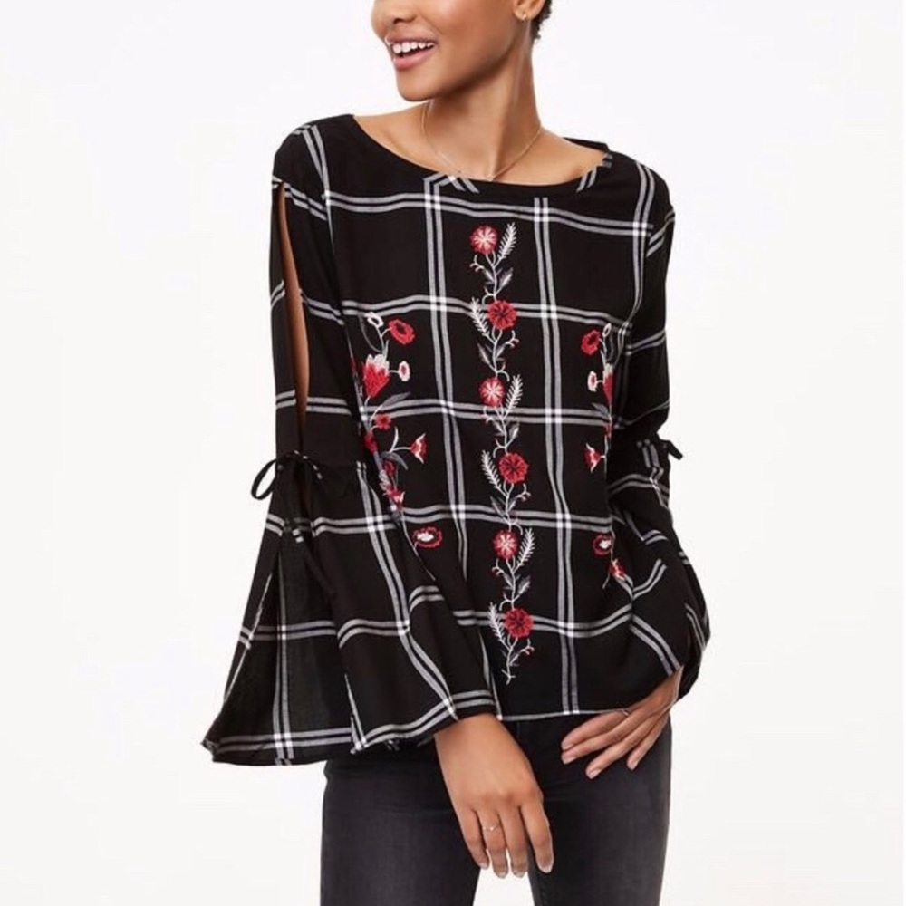 LOFT Black Embroidered Plaid Bell-Sleeve Top